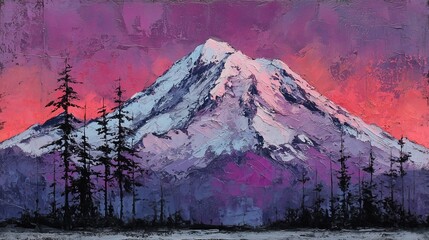 Vibrant oil painting of a majestic snow covered mountain peak at sunset, featuring rich purples and pinks. Ideal for home decor, art galleries, or nature-themed advertising.