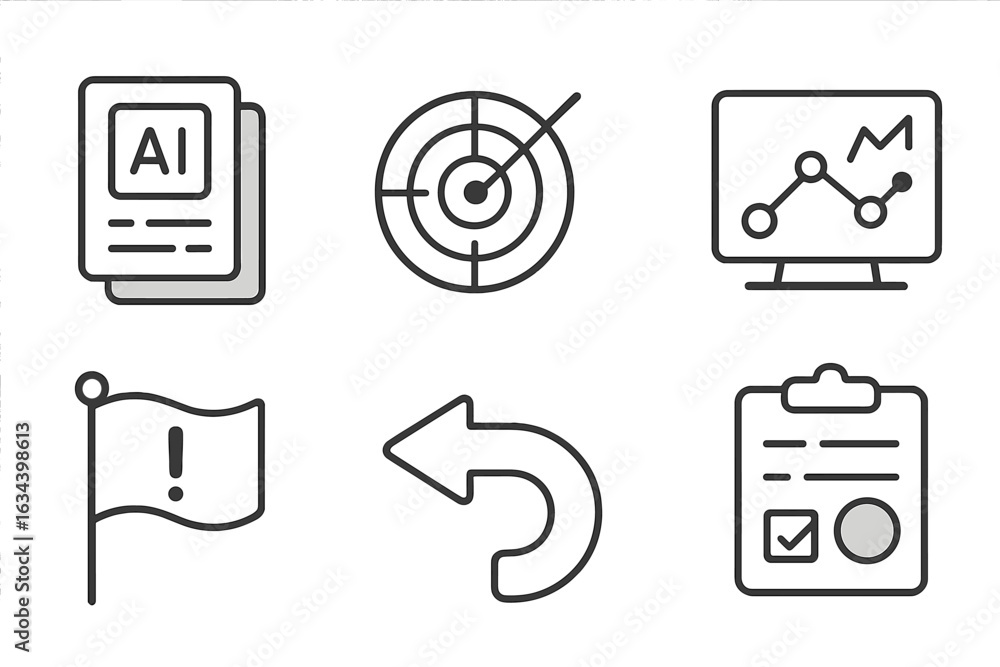 Poster elements representing artificial intelligence, analytics, and decision-making processes in modern te