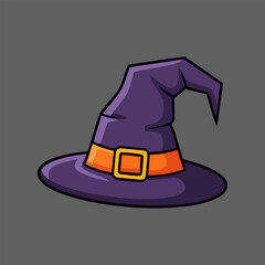 Naklejka premium A classic purple witch hat with a pointed tip and an orange band with a gold buckle. This cartoon illustration is an iconic symbol of magic and Halloween.