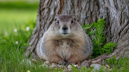 Naklejka premium A cute groundhog poses under a tree, looking directly at the viewer, on a grassy lawn