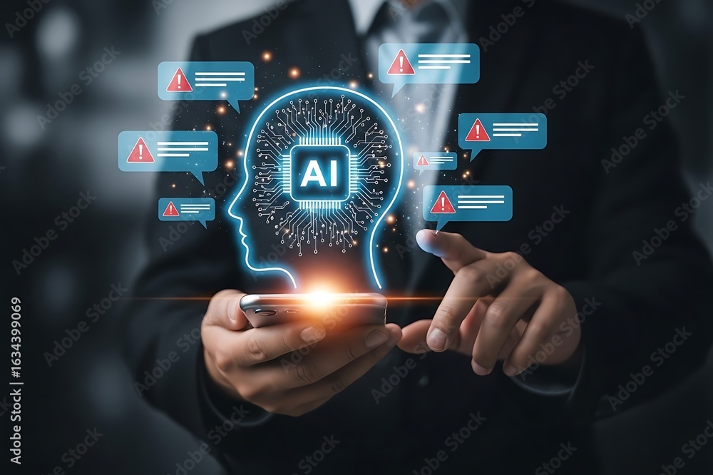 Aufkleber businessman using smartphone with glowing ai brain icon and warning notifications, representing arti
