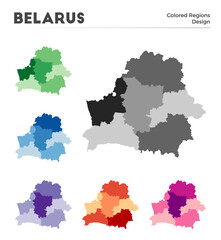 Belarus map collection. Borders of Belarus for your infographic. Colored country regions. Vector illustration.