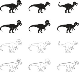 Dinosaur icon set, black vector collection of prehistoric reptile group in flat and line style T-Rex raptor cartoon dino ancient animal silhouette and outline fossil isolated on transparent background