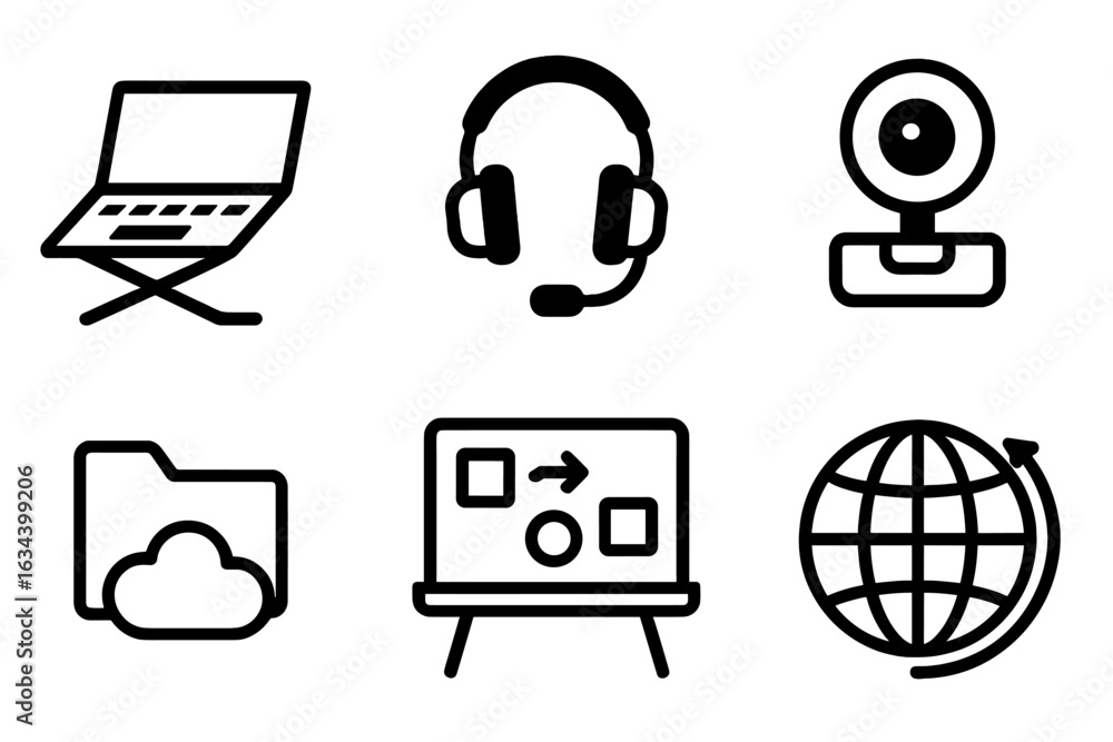 Poster technology icons representing remote work tools used in digital communication and collaboration acro
