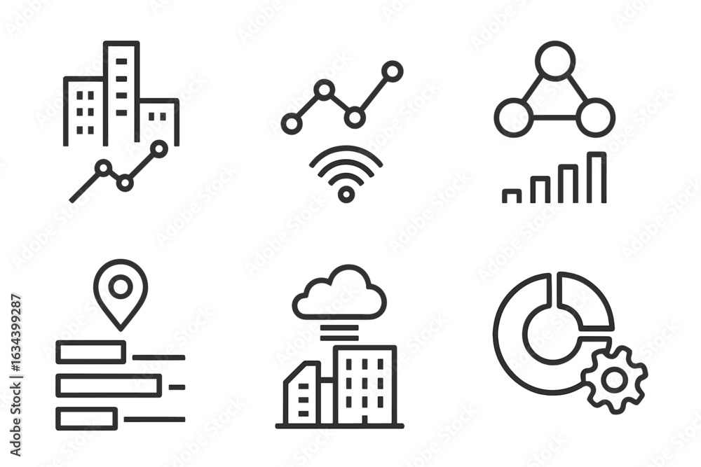 Poster line and bar graphs with icons representing data analytics, technology, and urban development