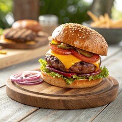 Premium Gourmet Burger with Melted Cheddar on Brioche Bun