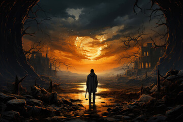 Atmospheric digital illustration in the genre of post-apocalyptic or dark fantasy. 