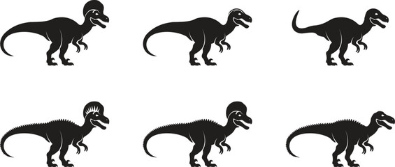 Dinosaur icon set, black vector collection of prehistoric reptile group in flat style T-Rex raptor cartoon dino ancient animal silhouette and outline fossil isolated on transparent background © WaQar