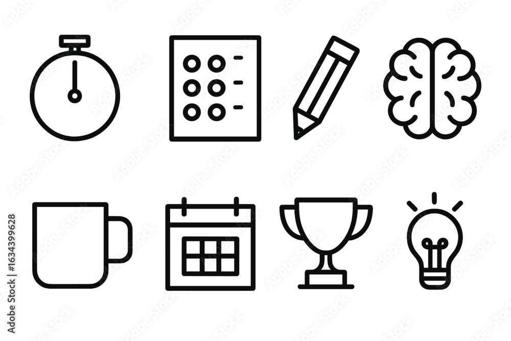 Poster various symbols representing productivity tools used during brainstorming sessions in an office sett