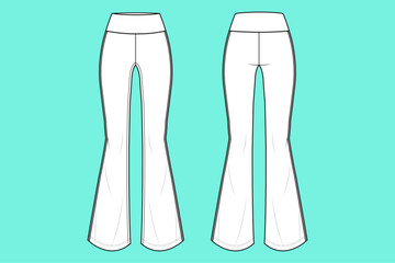 Women's High Rise Waistband Stretch 90s Wide Leg Leggings Activewear Fashion Flat Sketch Technical Drawings Vector Illustrator Template.
