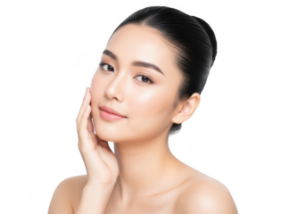 Beautiful asian woman with flawless skin touching her face, isolated on transparent background