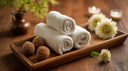 Cozy Spa Setting with Rolled Towels, Natural Decor, and Relaxing Atmosphere for Wellness and Beauty Enhancement