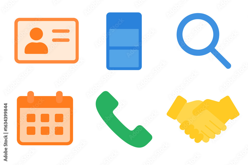 Poster icons representing various elements of communication, organization, and networking in a modern digit