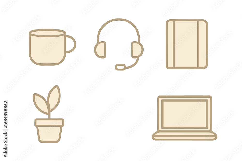 Poster collection of minimalistic icons representing work-from-home essentials in a light and neutral color