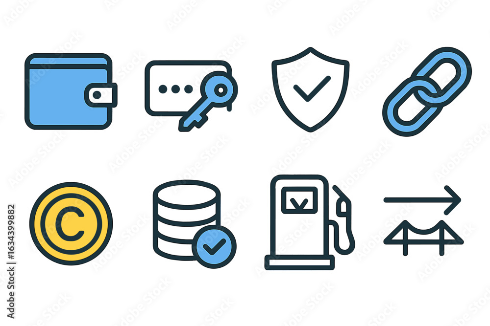 Poster icons representing digital security concepts for online transactions and data protection in modern t