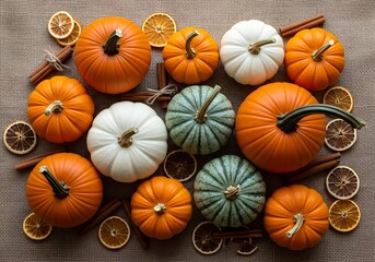 Flat Lay of Pumpkins with Cinnamon and Citrus on Burlap