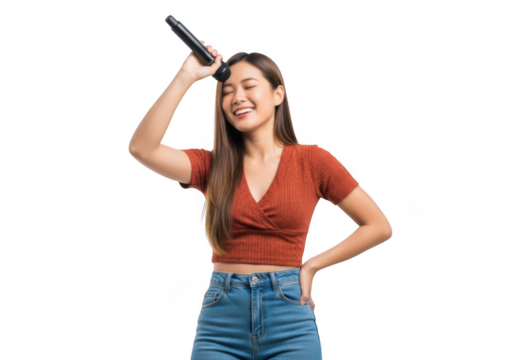 Young asian woman singing with a microphone, smiling happily, isolated on transparent background