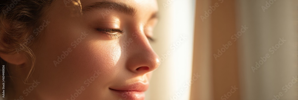 Poster radiant morning face illuminated by natural light near window with a soft blurred background in a mi