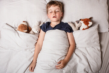 Cute little boy sleeping peacefully in bed, holding soft stuffed animals. Cozy childhood bedtime...