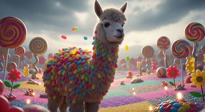 Whimsical Llama in a Candy Wonderland: Colorful, Playful, and Sweet Dreamscape