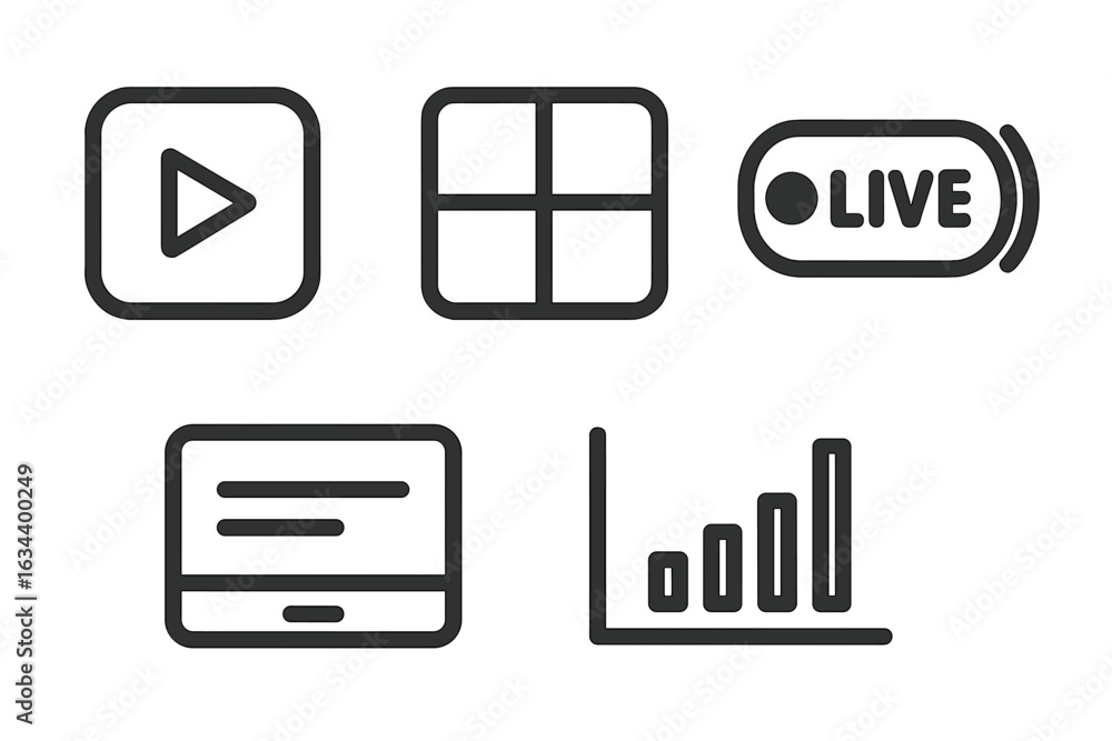 Poster icons representing media controls and analytics in digital content at a modern workspace