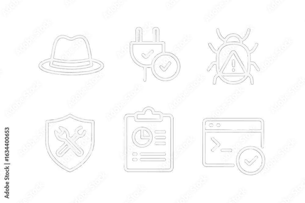 Poster icons representing cybersecurity concepts including hacking, troubleshooting, and software issues in