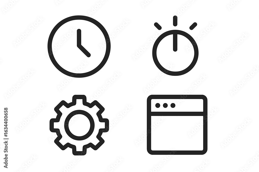 Poster clock, timer, gear, and browser icons representing time management and technology in a modern contex