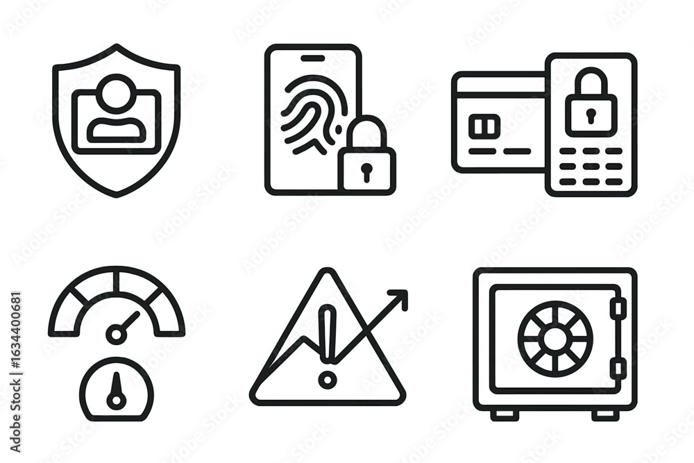 Poster security icons showcasing biometric authentication, data protection, and system monitoring in a mode