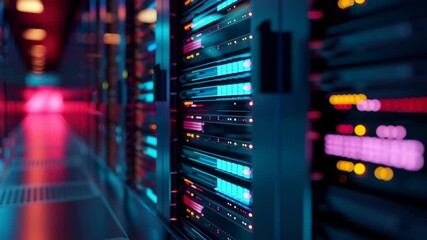a modern data server room with neon light - Powered by Adobe
