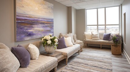 Modern and Inviting Waiting Area with Cozy Furniture and Colorful Artwork