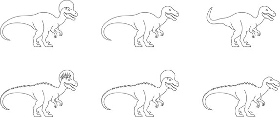 Dinosaur icon set, black vector collection of prehistoric reptile group in line style T-Rex raptor cartoon dino ancient animal silhouette and outline fossil isolated on transparent background © WaQar