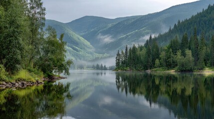 Fototapeta premium Serene Landscape with Mountains and Calm Water Reflecting Lush Green Forests in Early Morning Light