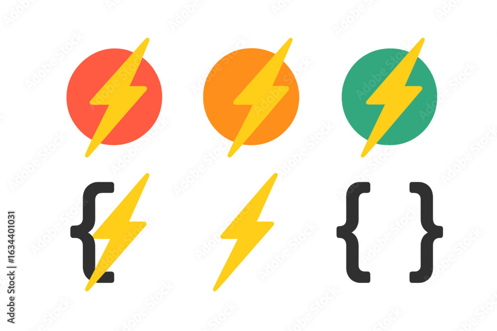 Poster colorful lightning bolt icons in various shapes and styles for use in creative projects