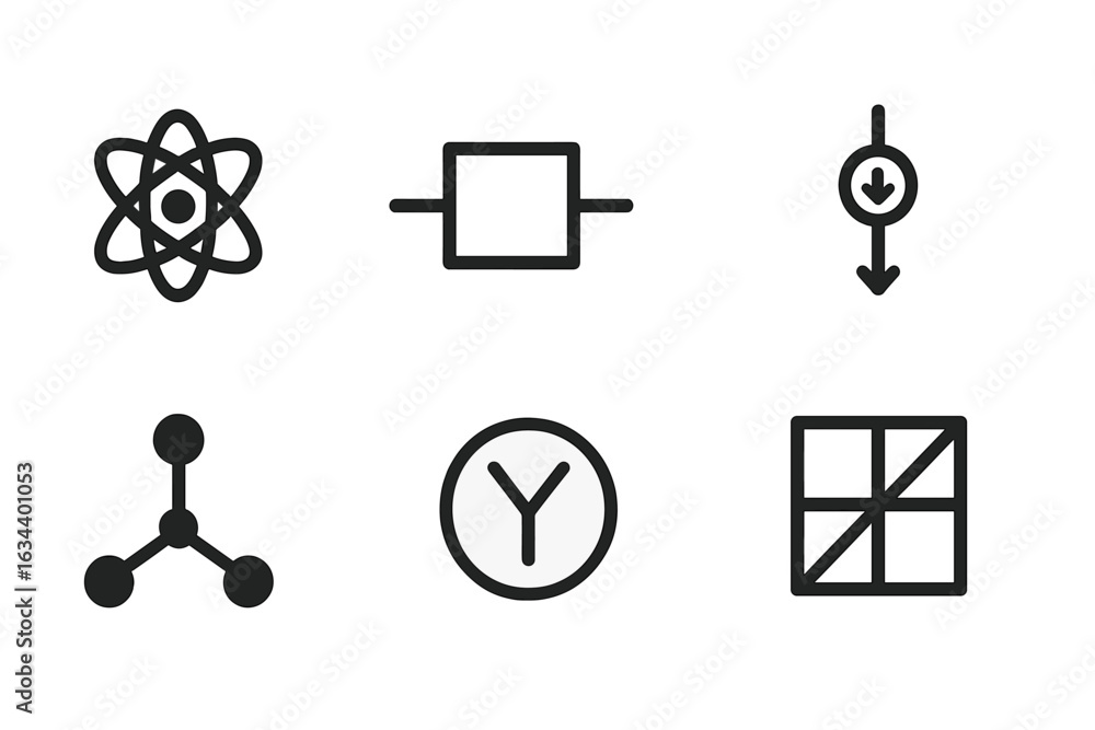 Poster symbols representing scientific concepts and principles, highlighting elements of physics and chemis