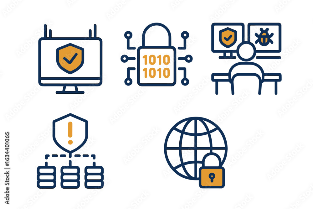 Poster cybersecurity concepts illustrated with data protection icons and symbols on a clean background show