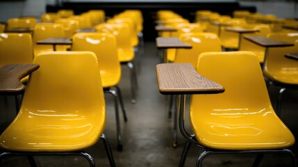 Bright Yellow Classroom Chairs in an Empty School Setting Ready for Students and Learning Activities
