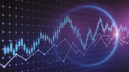 Naklejka premium A stock market chart with blue and white lines against a dark background with a glowing circle effect