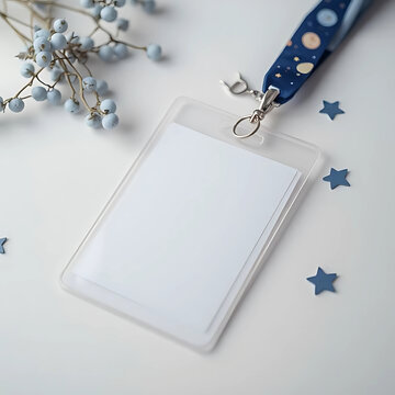 Blank vertical ID card holder with a space-themed lanyard, perfect for a corporate branding mockup or event pass concept.
