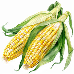 two sweetcorns watercolor illustration isolated on white background. Food clipart.