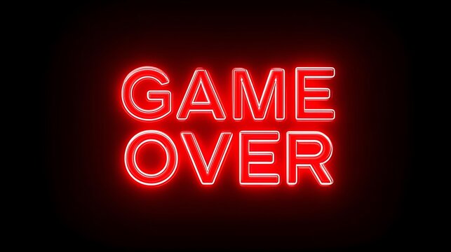 Bold Red Neon "Game Over" Sign on Black Background – Iconic Gaming Message for Retro Arcade, Streaming, and Digital Media Themes