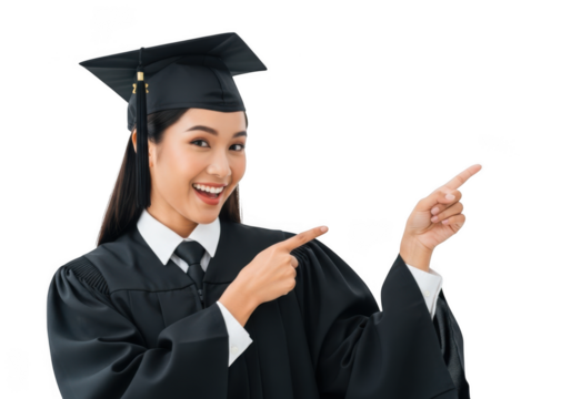 Happy asian graduate in cap and gown pointing to the side, celebrating success, isolated on transparent background