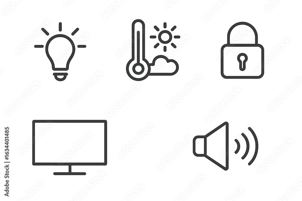 Poster icons representing technology, weather, and security concepts for software interfaces