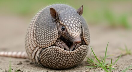 Obraz premium Cute Nine-Banded Armadillo Curled Up in Ball on Ground, Close-up Portrait