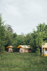 Luxury camping tents with comfortable furnishings, outdoor scene camping area.