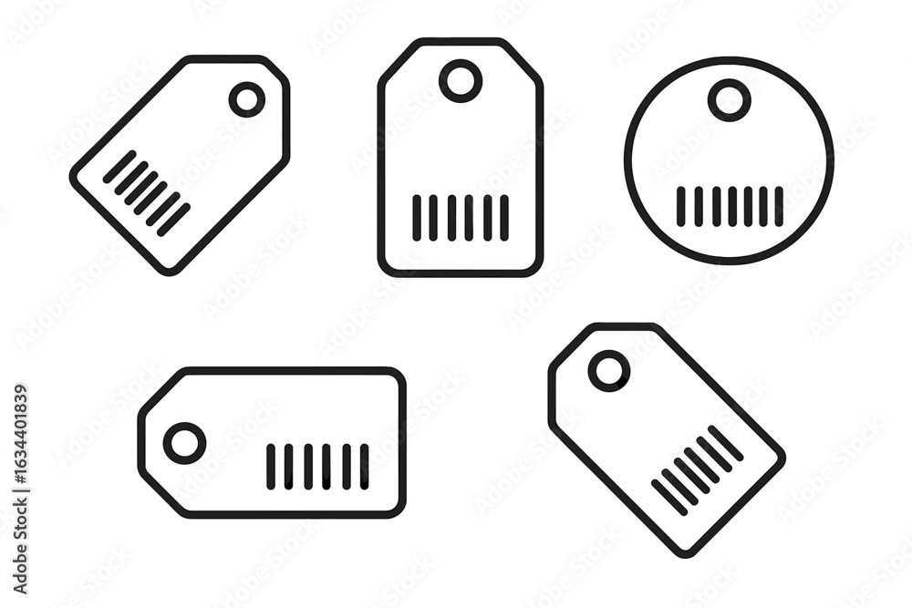 Poster variety of blank price tags in different shapes arranged on a white background for labeling and pric
