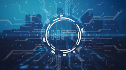 Abstract nft concept with circuit board design and city skyline on a blue colored background