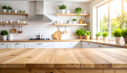 Bright Kitchen with Wooden Tabletop.