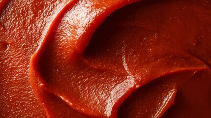 Close-up macro texture of thick and rich tomato paste with vibrant red color, showing smooth, fresh, concentrated culinary surface perfect for food background, cooking concept and kitchen design use