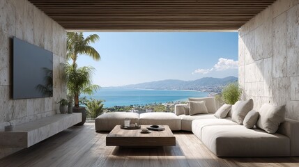 Fototapeta premium Modern living room overlooking ocean view