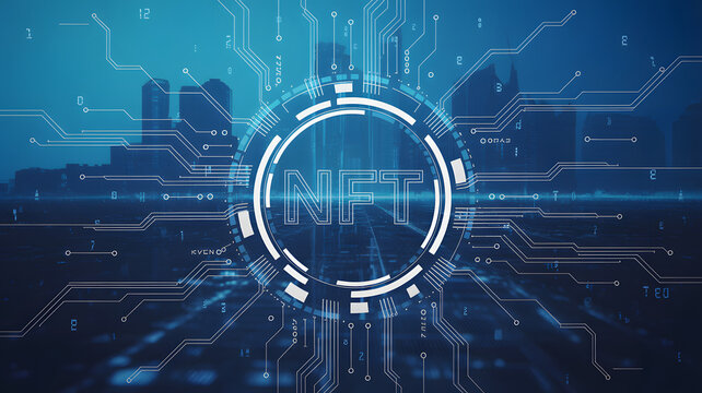 Abstract nft concept with circuit board design and city skyline on a blue colored background